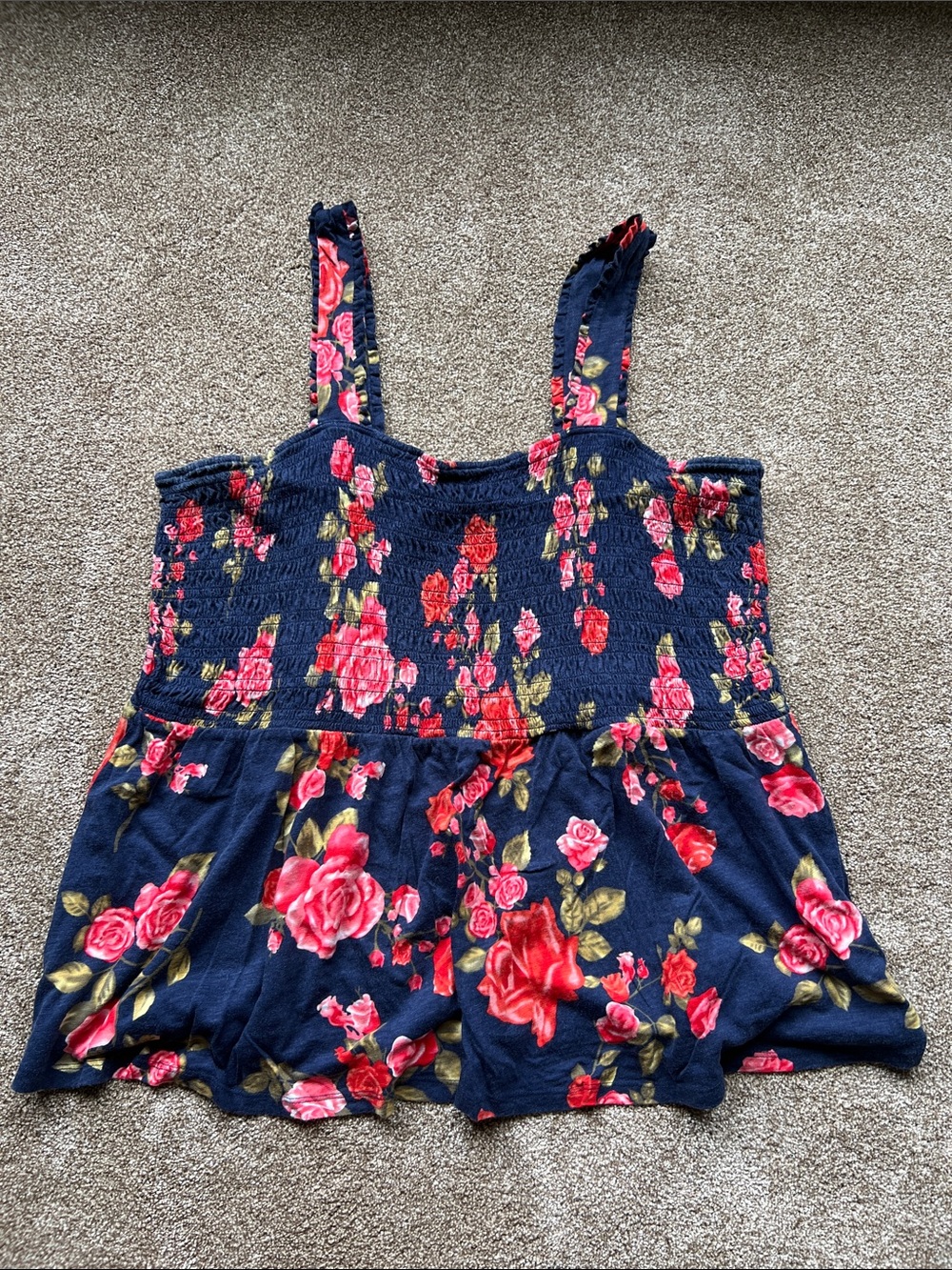 Maurices Navy Floral Smocked Tank with Pink and Red Roses